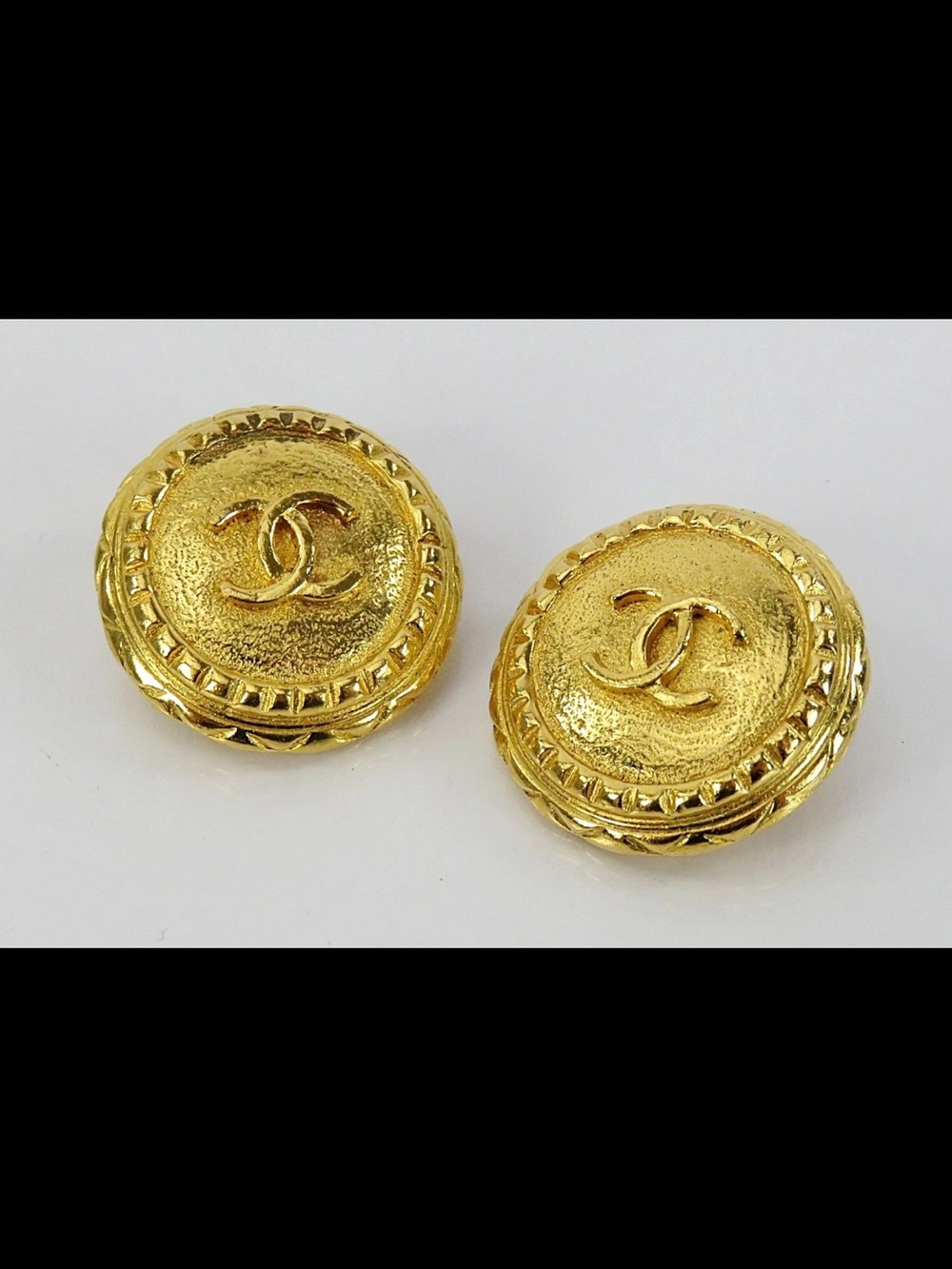 CHANEL Gold CC Textured Round Button Earrings